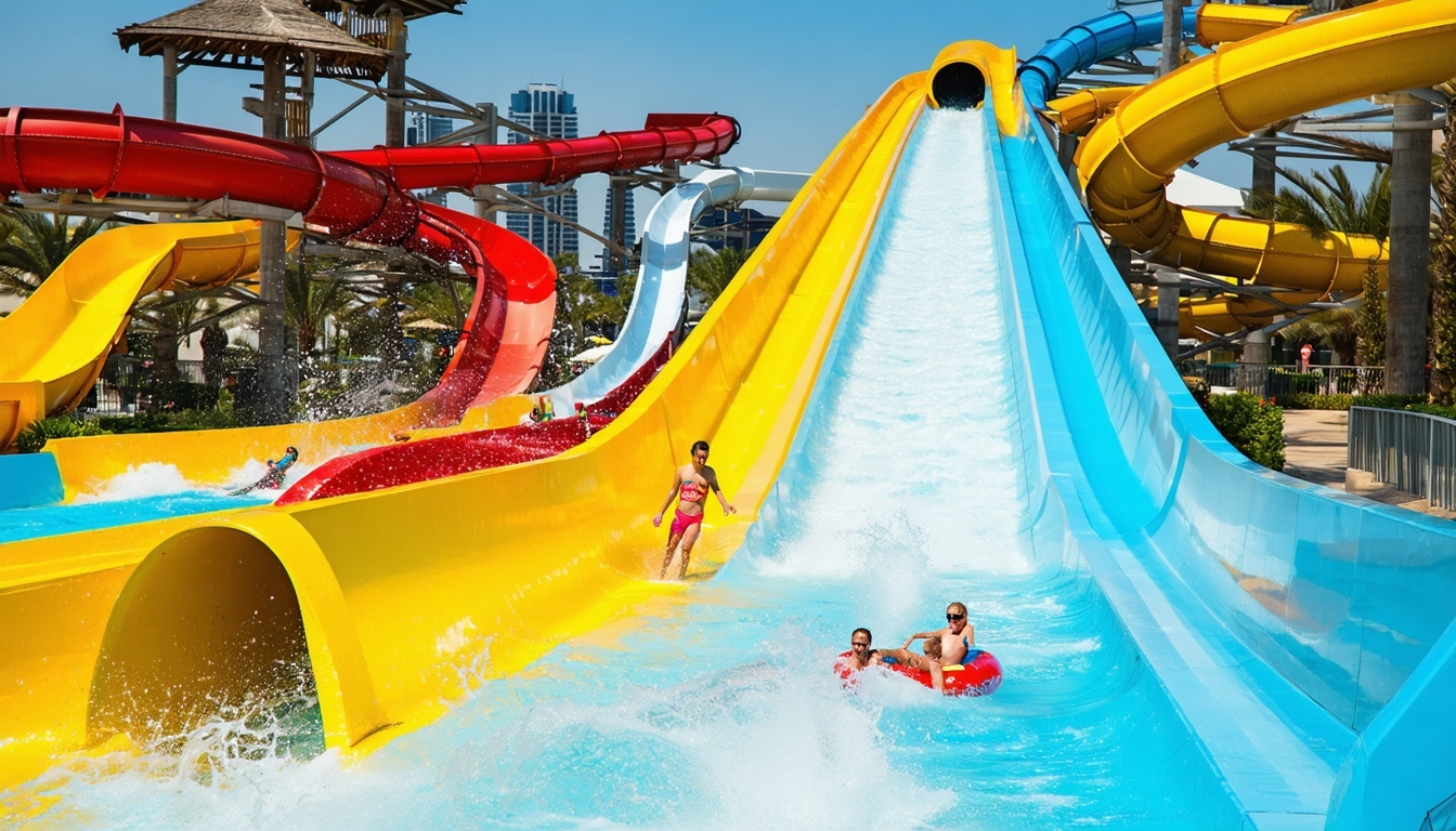 A vibrant water park in Dubai with thrilling water slides and happy families enjoying the sun.