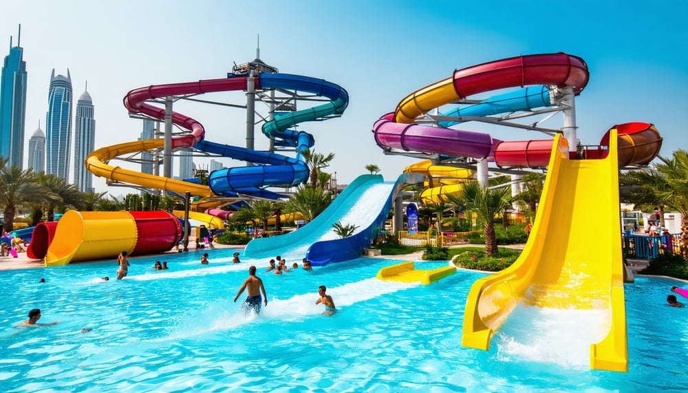 A vibrant Dubai water park with pools, slides, and families enjoying the sun